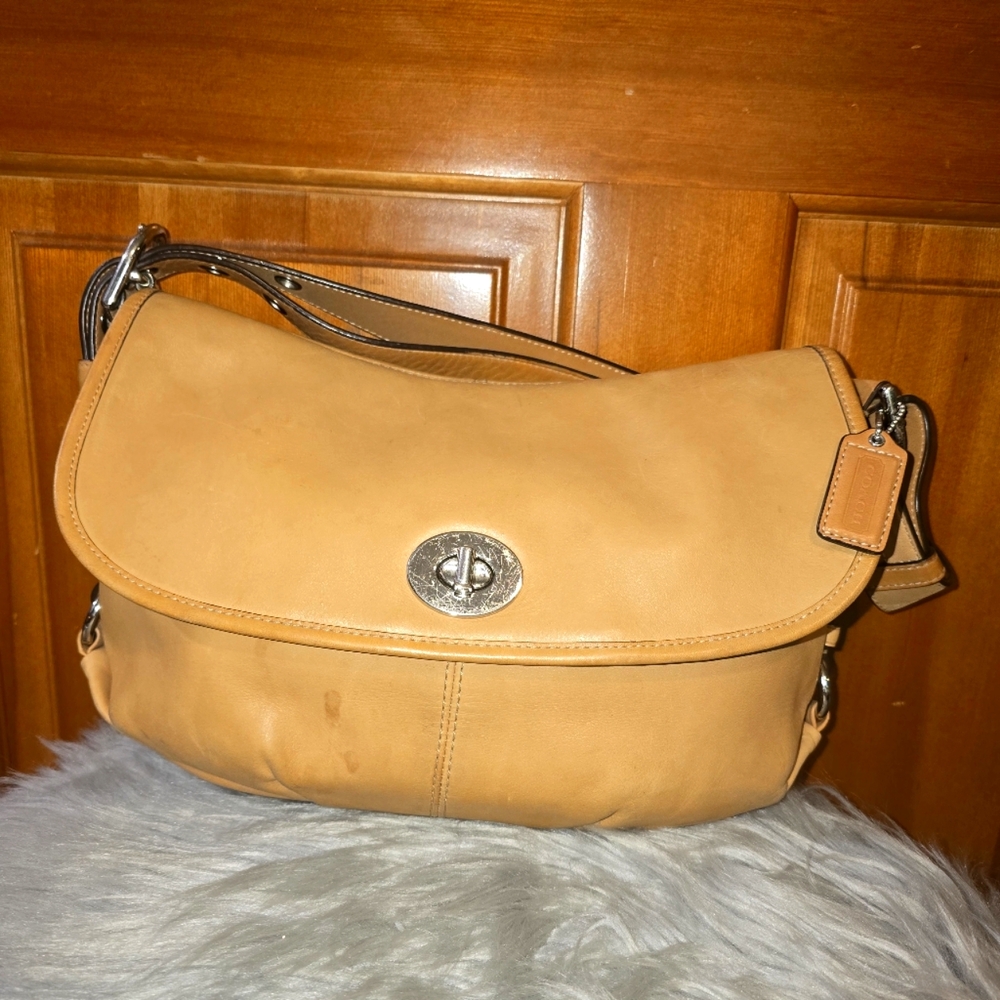 Coach legacy leather adjustable strap bag camel